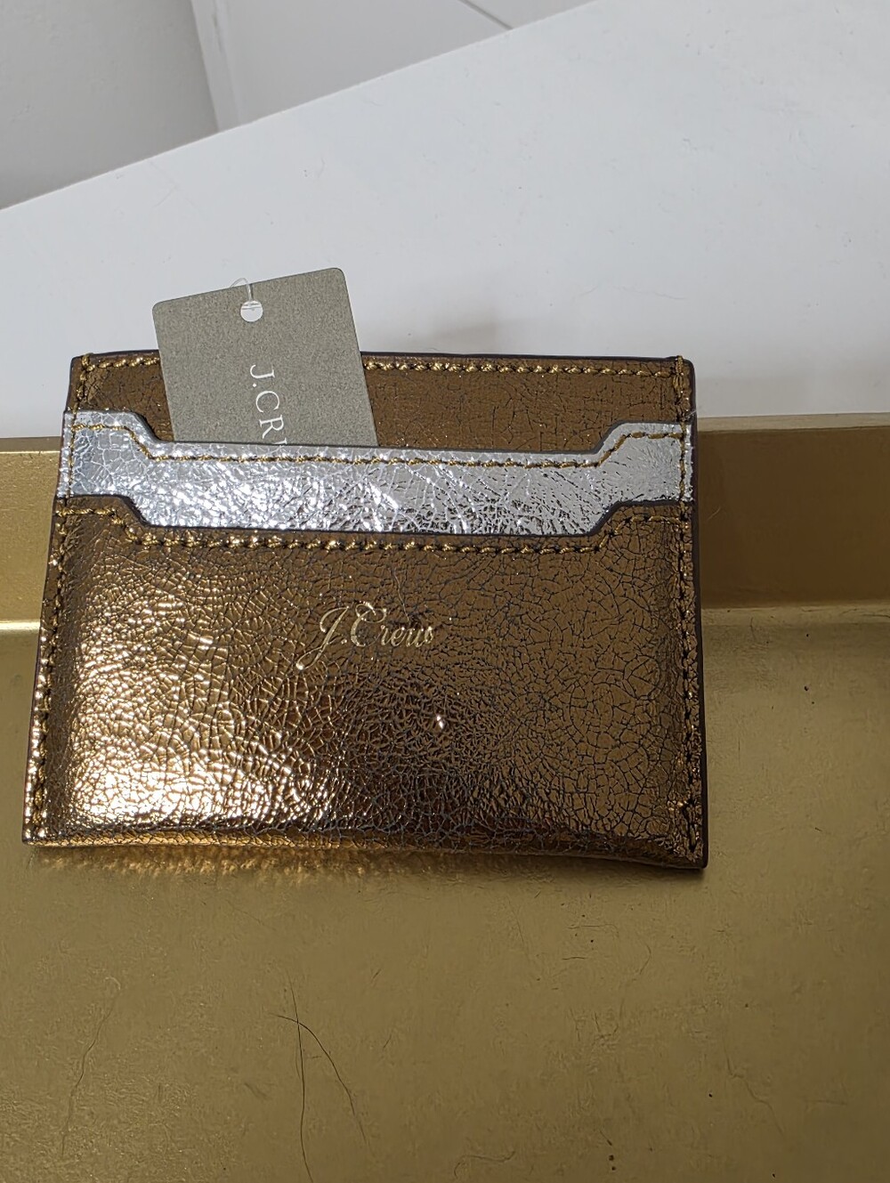 J. Crew Metallic Bronze Card Holder with Silver Stripe
